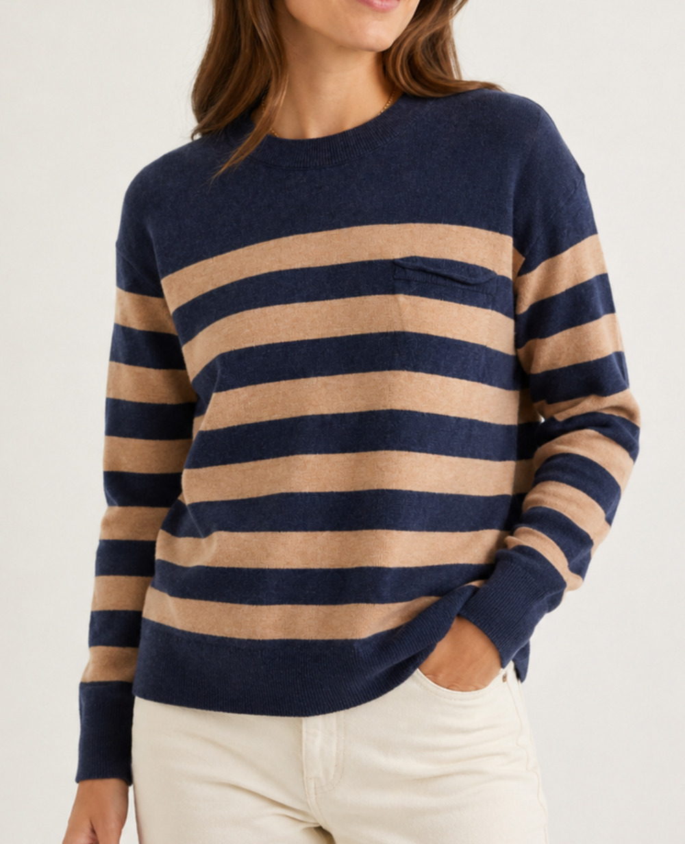 Madewell Striped Sweater Womens S Navy Tan Crewneck Pocket Pullover Linen Blend
